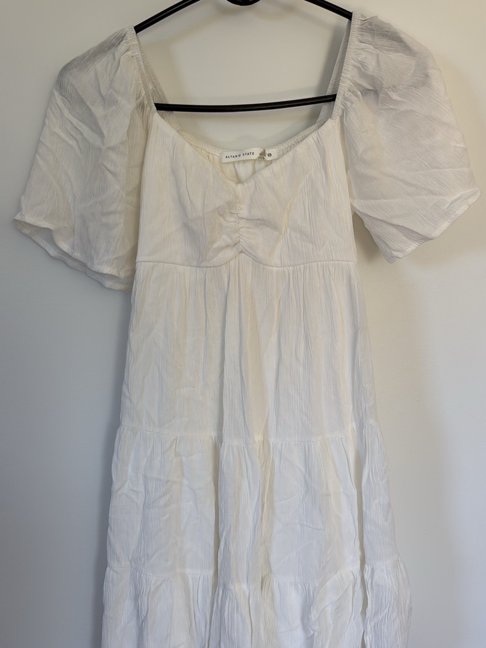 Altar'd State White Puff-Sleeve Tiered Midi Dress
